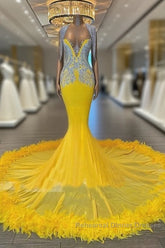 V Neck Yellow Feather Trumpet Mermaid Semi Formal Prom Dress